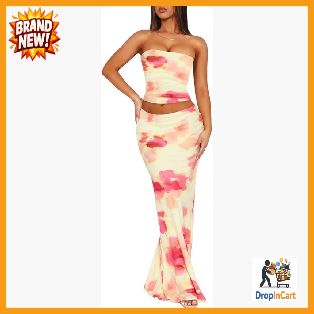 Floral Printed Maxi Skirt Set Strapless Tube Top Bodycon Y2k Summer Outfit